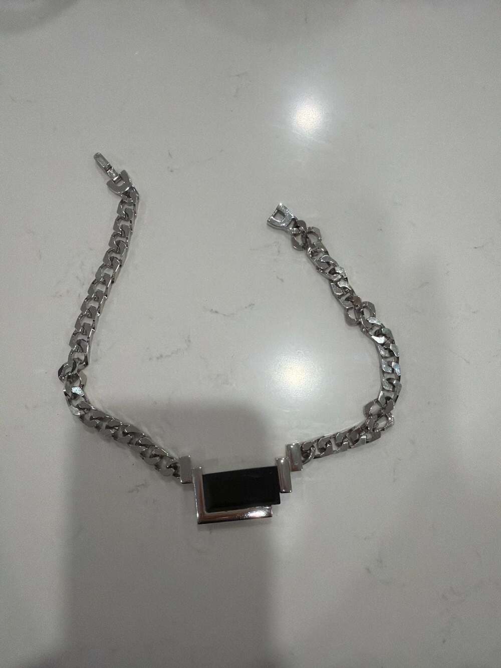 1980s Silver Chain and Black Onyx Necklace -